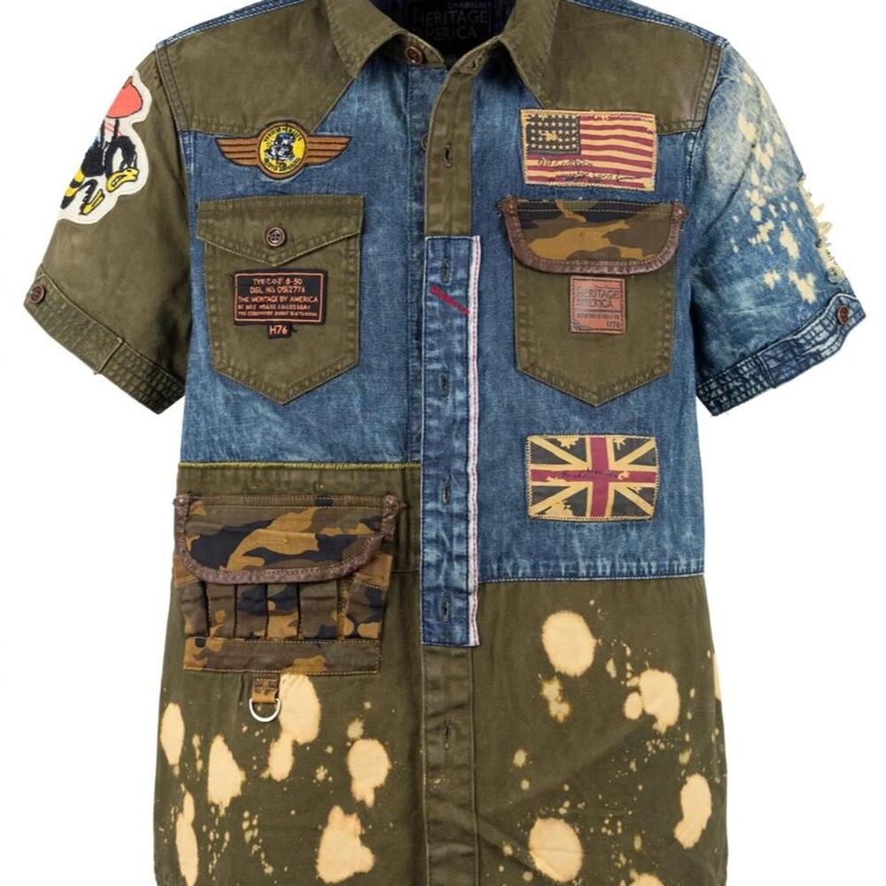 Heritage by America Shirt Mens M Denim Distillery 1776 Patchwork Military
